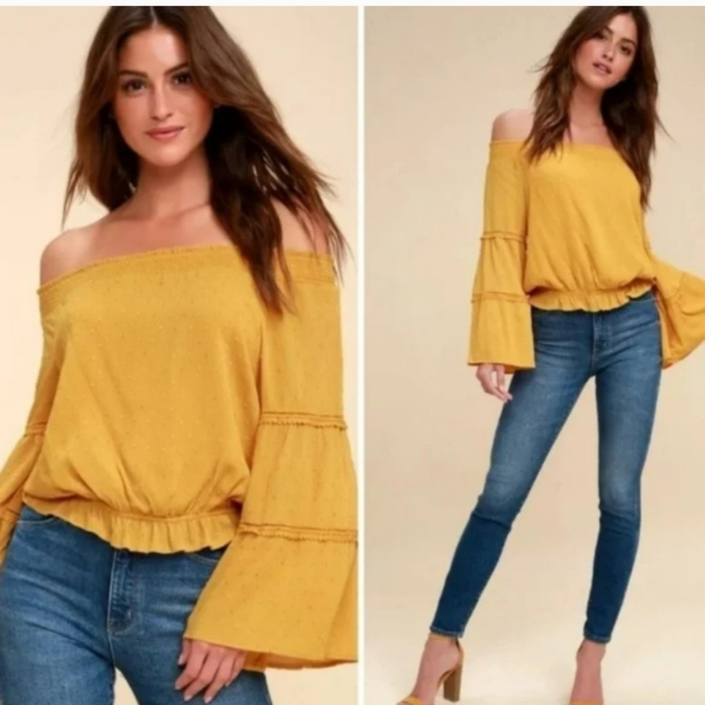 Lulus Sunny Story Mustard Yellow Lace Bell Sleeve Off-the-Shoulder Top M…
